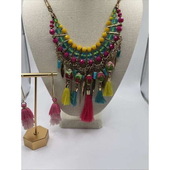 Ethnic Boho Bead Fabric Statement Necklace Fringe Tassel Earrings Gold Tone - Picture 2 of 10